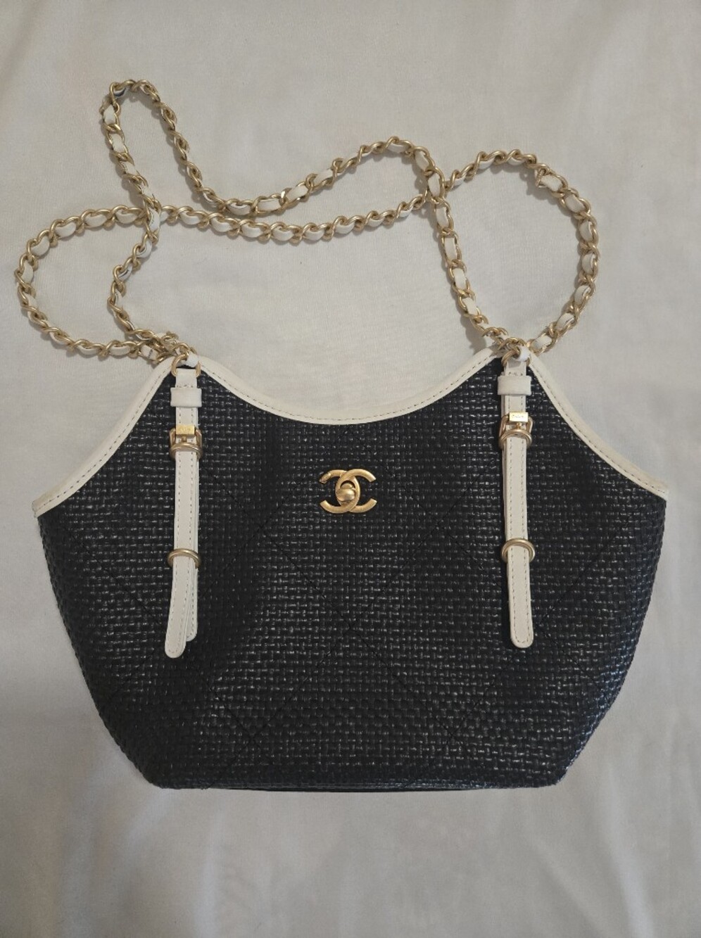 ⭐CC Leather-Trim Braided Tote Bag with Gold Chain - Black & White